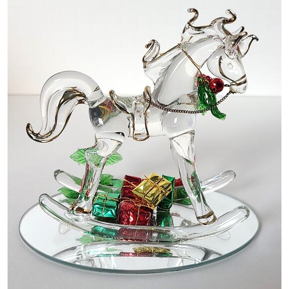 Christmas Glassical Expressions Holly Rocking Horse Hand Sculpted Glass 22K Trim - Picture 3 of 11